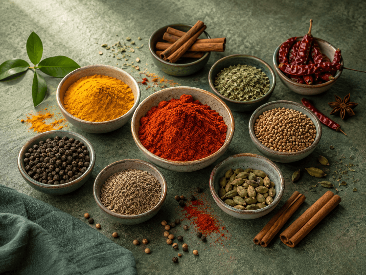 Bols d’épices : paprika, curcuma, cumin et poivre
