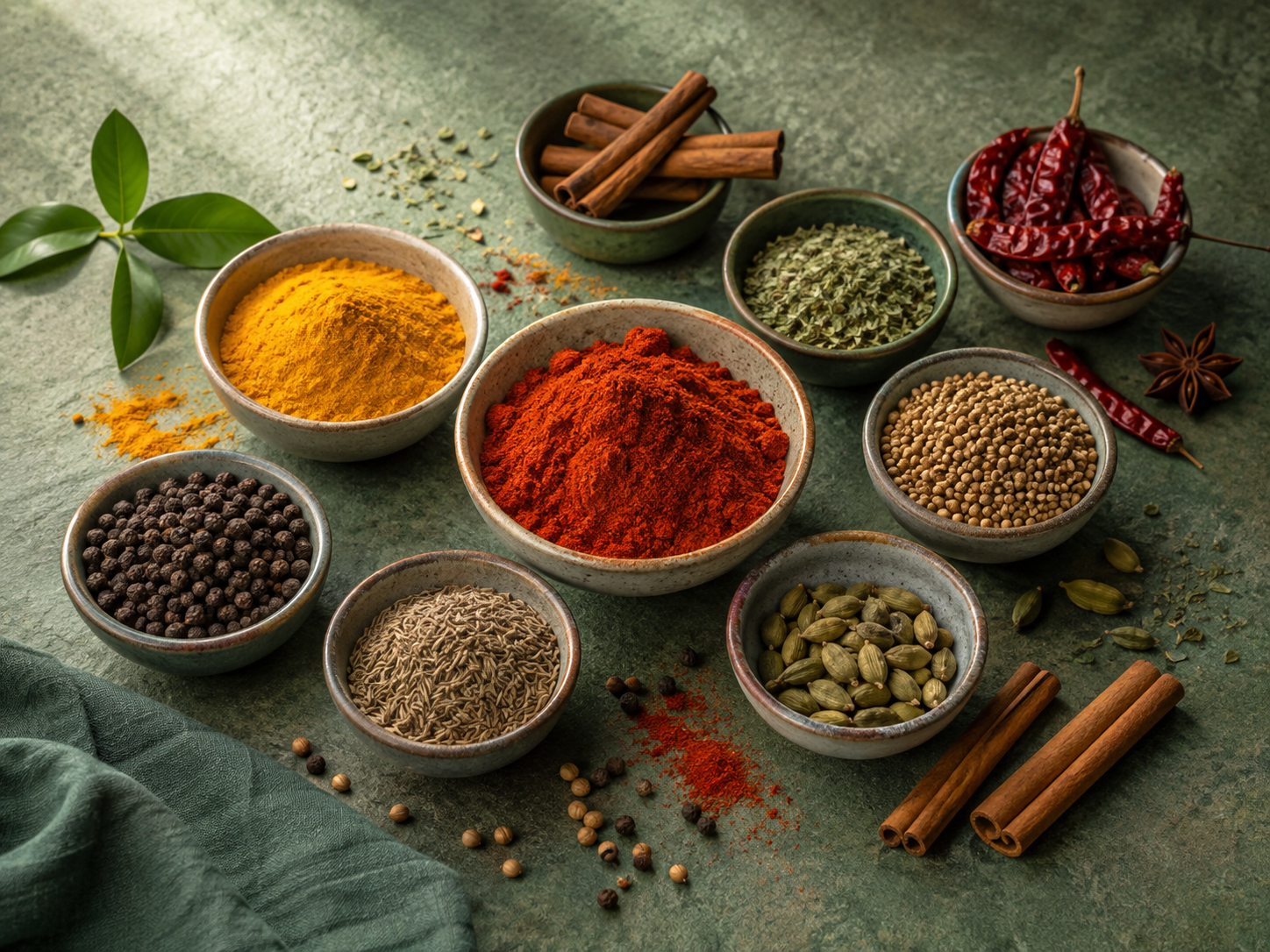 Bols d’épices : paprika, curcuma, cumin et poivre