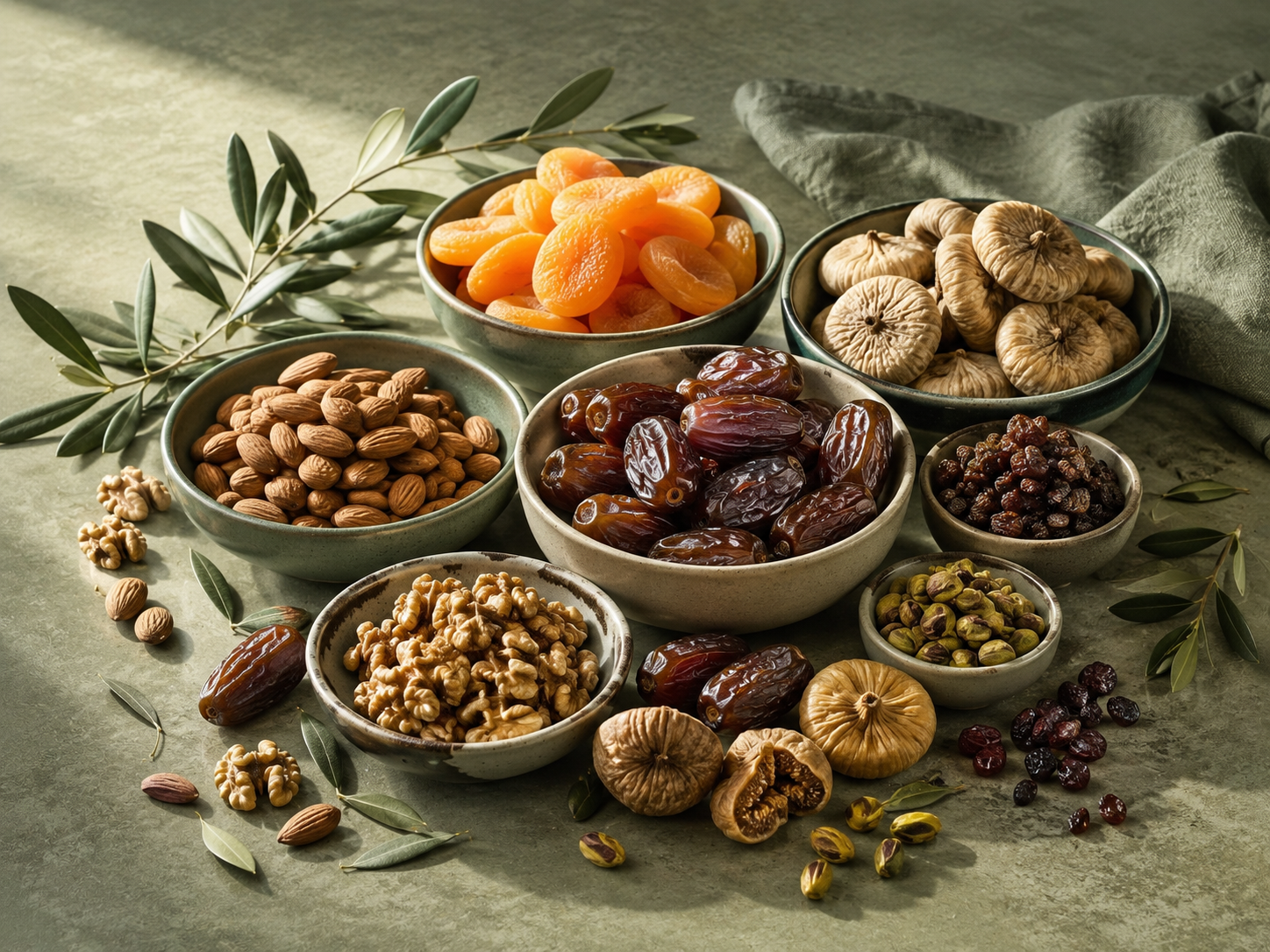 Dattes, figues séchées, amandes et abricots secs
