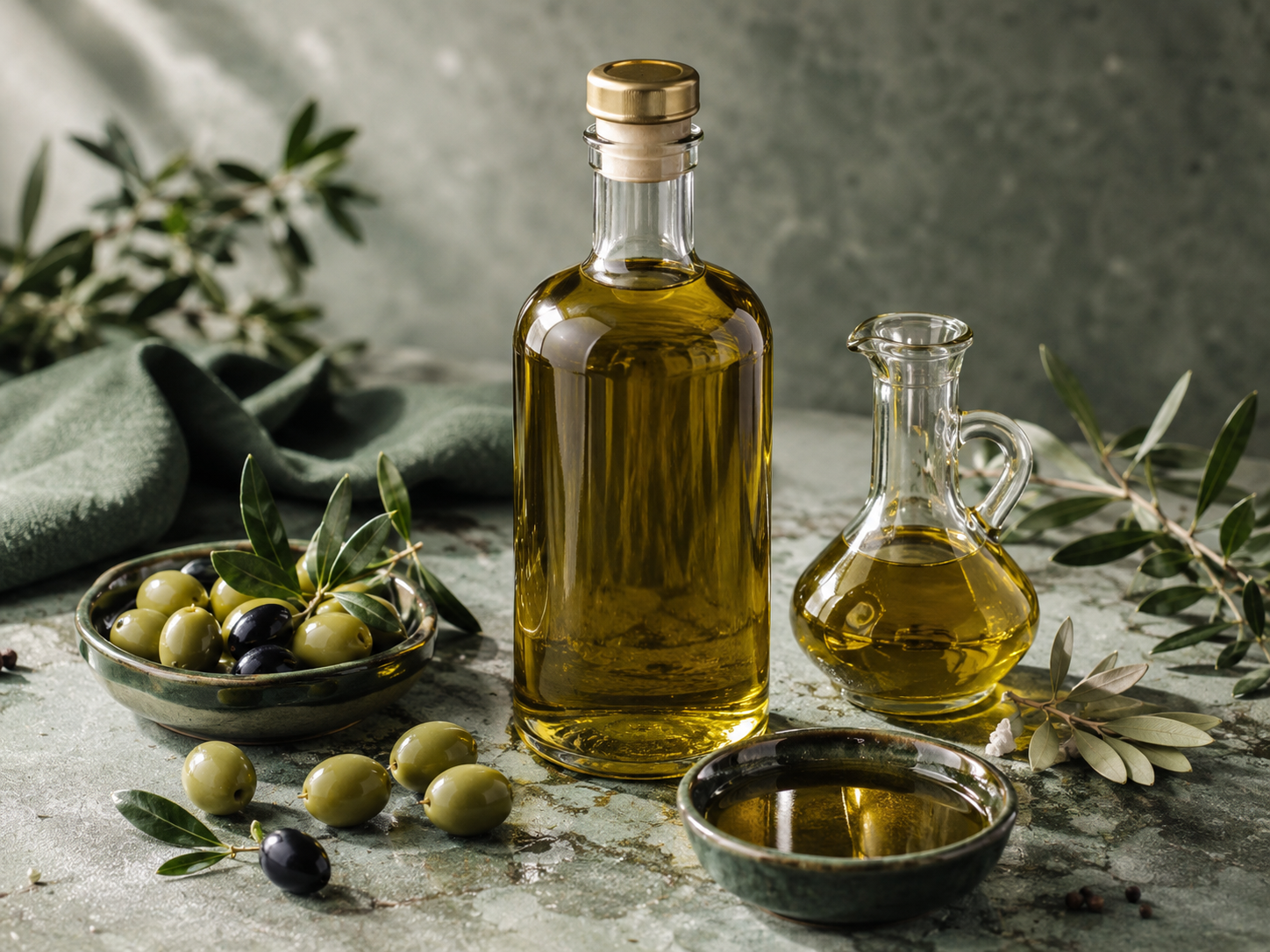 Bouteille d’huile d’olive et branche d’olivier